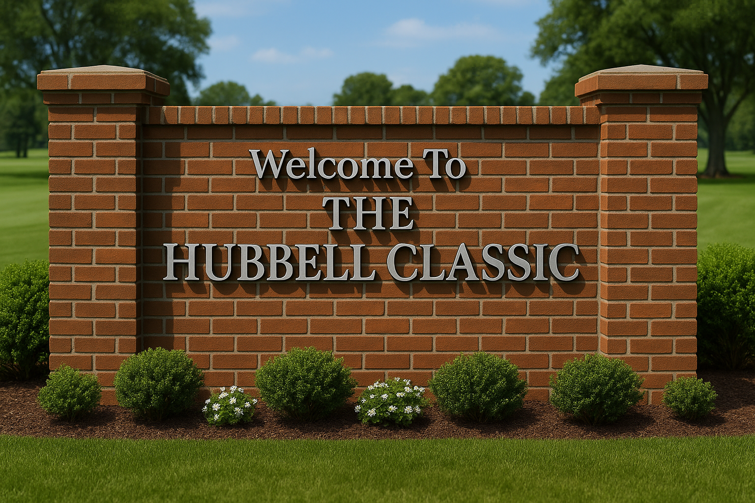 A sign at a golf course entrance that says "Welcome To The Hubbell Classic". It should be a brick sign with silver metal lettering